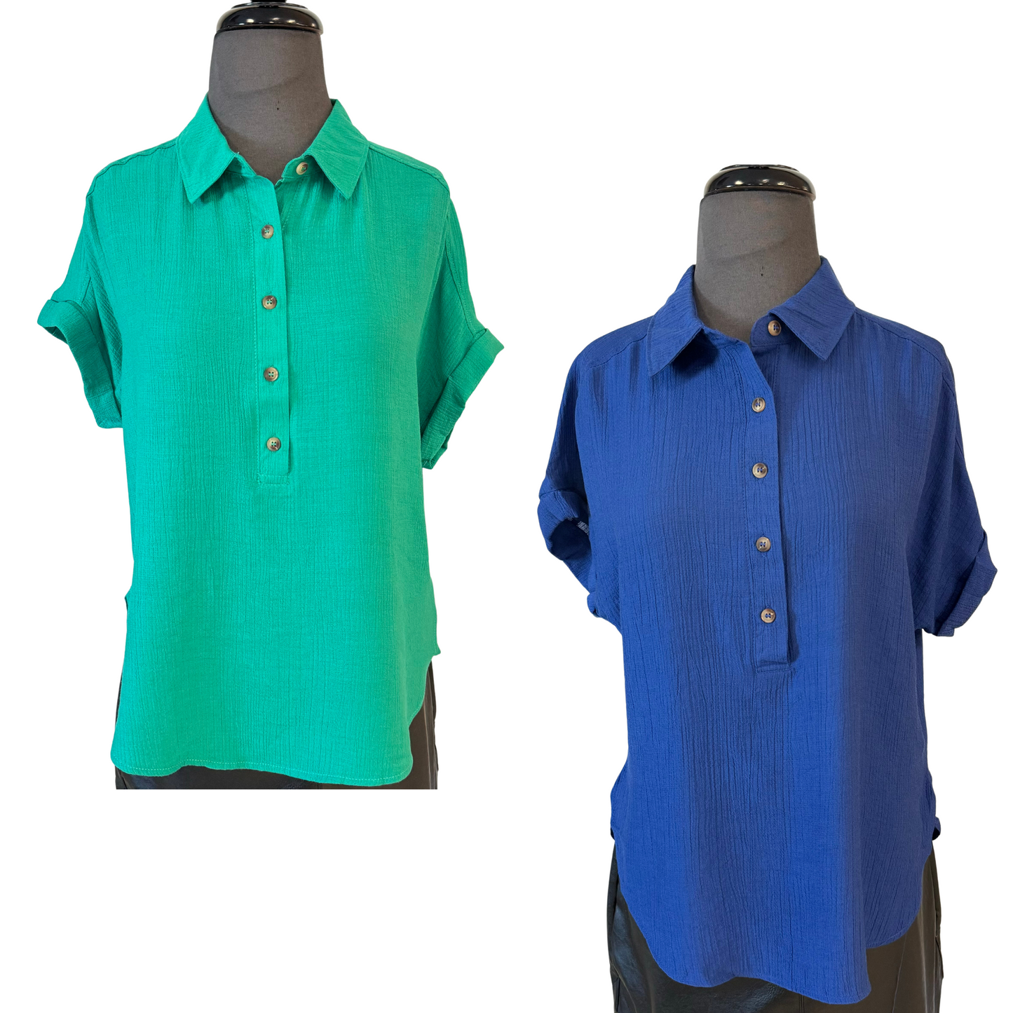 Stay stylishly comfortable with this mid button down woven top. Featuring a sharp collared neck and a sleek button-down front, this top comes in both Kelly green and royal blue, allowing you to express your unique style. Perfect for any occasion.