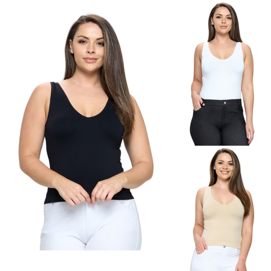 This Seamless Tank is an all-day essential. It features a comfortable, fitted silhouette with wide shoulder straps, a v-neckline, and a back scoop neck. Crafted in a buttery soft fabric with stretch, the seamless design is perfect for effortless styling. Suitable for all occasions, the tank features a longline hem and can be pulled on/off easily. Available in black, white, and cream.
