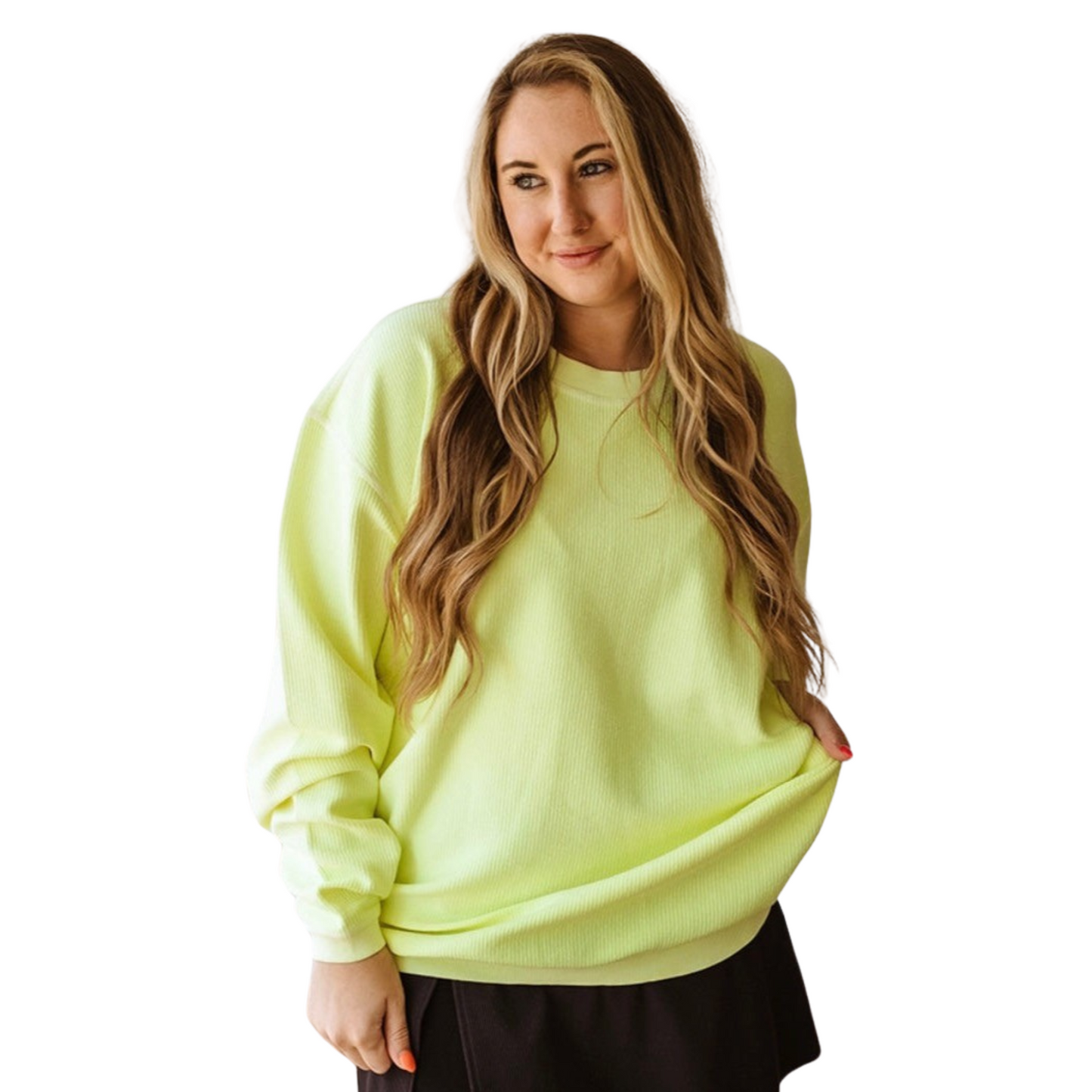 Corded crew neck top in neon yellow
