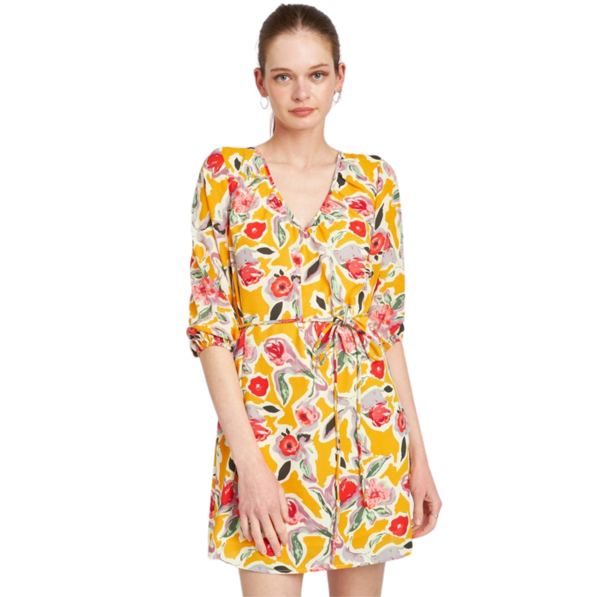 This yellow floral V-Neck Babydoll Dress is an entertaining option perfect for any summer event. Its mini dress length and v-neck style make this dress a timeless classic, and the floral pattern adds a touch of fun.