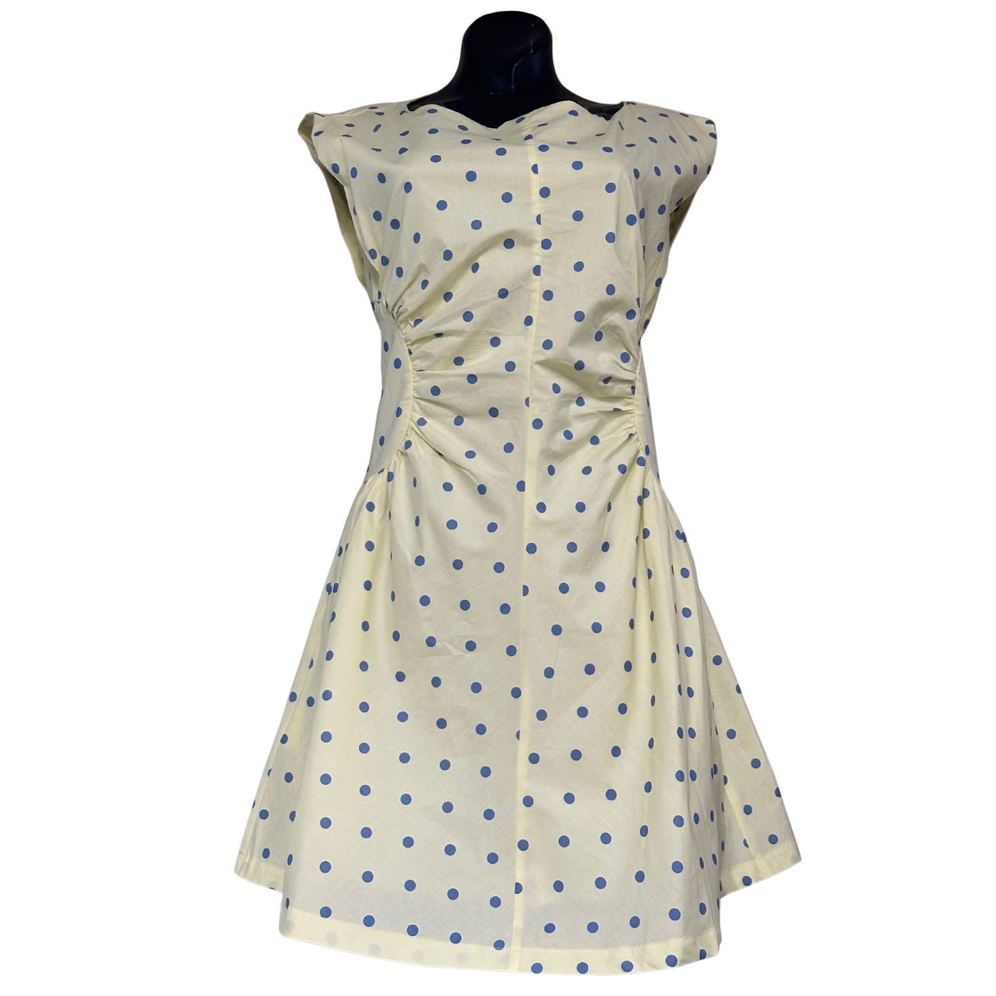 Brighten your wardrobe with this eye-catching Heyson mini dress featuring a cheerful yellow base adorned with blue polka dots. The sleeveless design offers effortless summer style, while the high round neckline provides a flattering, modest touch. Perfect for casual outings, weekend adventures, or any occasion where you want to make a playful statement. The mini length keeps things fun and flirty without sacrificing comfort. 
