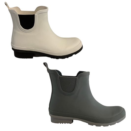 Yikes offers stylish and practical rainboots available in two colors: grey and white. They feature a bootie-like design that ensures a comfortable fit and excellent protection against the elements. Get ready for rain or snow with Yikes rainboots.
