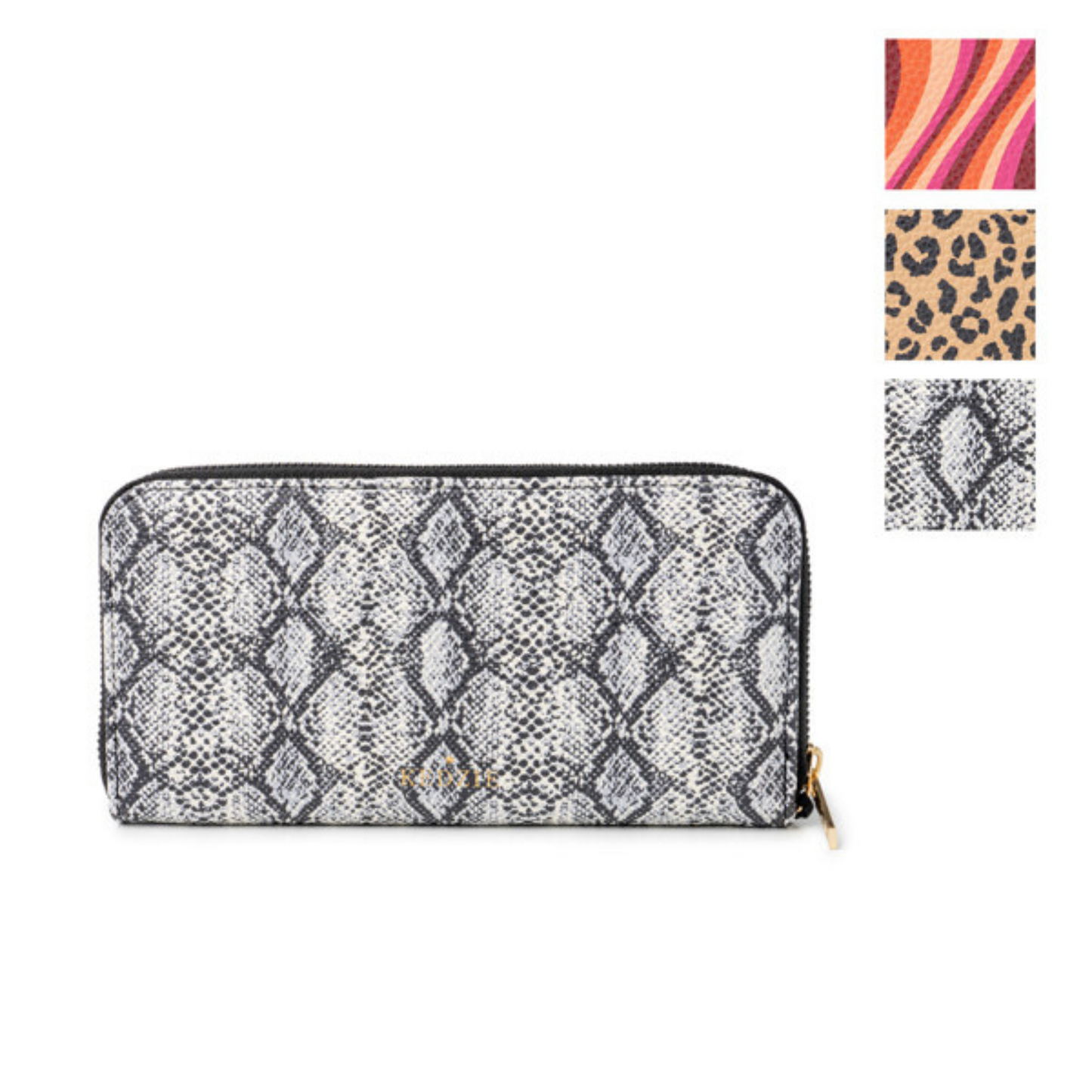 Carry valuables in style with this Patterned Eclipse Zip-Around Clutch. It comes with 8 card slots, a built-in ID holder, and an interior slip pocket for all your daily essentials. Plus, a neutral cheetah print lining and a bonus wristlet strap provide two ways to carry. A zippered pocket keeps your valuables secure and a handhold offers an easy grip. Enjoy smooth-glide resin zippers for effortless opening and closing. Available in Snake Print, Pink Swirl, or Cheetah Print.