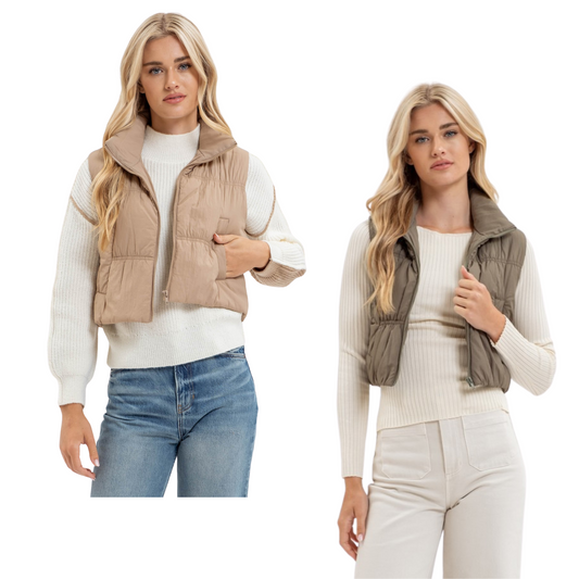 Stay warm and stylish in our Zip Up Puffer Vest. Featuring a high neckline and zip up closure, this sleeveless vest offers convenience and comfort. It also has pockets for added functionality. Made with 100% nylon shell and lined with 100% polyester, it provides both durability and warmth. Available in olive and mocha.